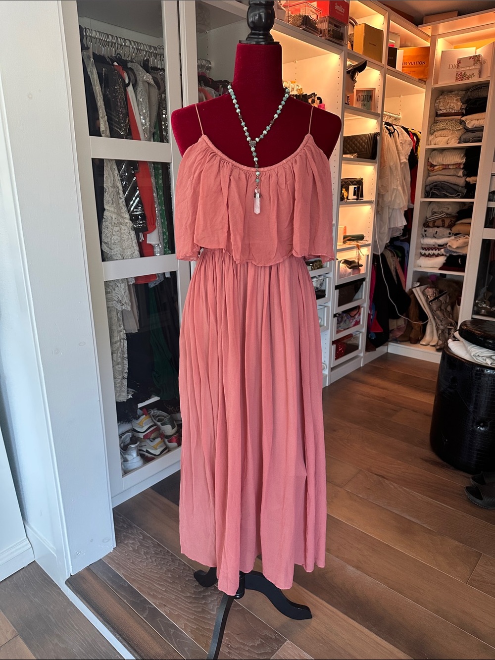 Flowy Coral Pink Maxi Dress with Ruffled Bodice